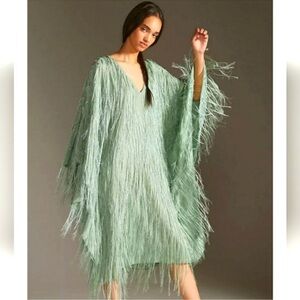 Anthropologie Maeve Fringed Shine Kaftan Mint Green Boho One Size‎.